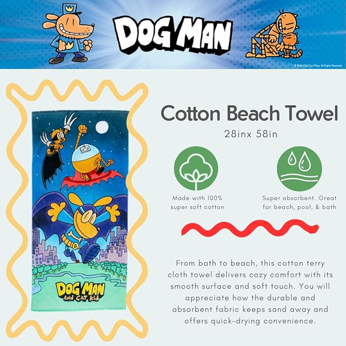Dog Man Supa Cop & Petey Book Kids Super Soft Cotton Bath/Pool/Beach Towel, 58 in x 28 in, (Offically Licensed Product) By Franco