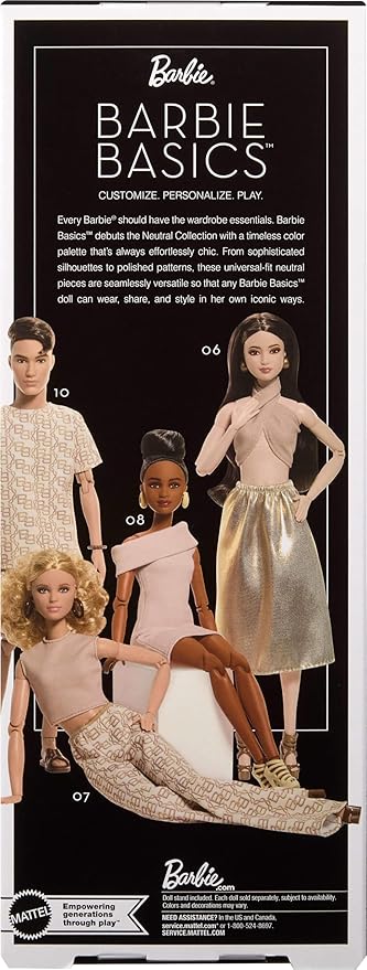 Barbie Basics Model Collector Fashion Doll 08 with Brunette Hair in Tan Dress & Strappy Heels, Universal-fit Fashions & Posable Body