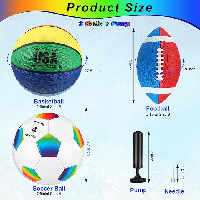 Libima 3 Pcs Sports Ball Set for Kids Teens Include Official Size 5 Basketball 4 Soccer 6 Football with Pump and Carry Bag Training Practice Sport Gift for Kids Teens Back to School