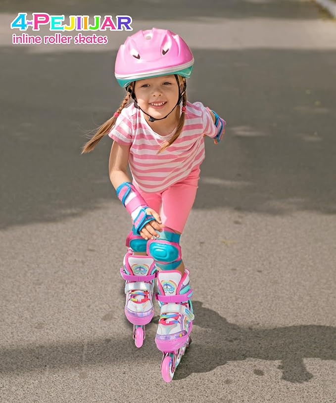 Unicorn Rainbow Inline Skates for Girls Teens Womans,4-Pejiijar Roller Skates for Girls Ages 6-8-12 w/Luminous Wheels,Kids Adjustable Roller Shoes for Birthday Xmas Gifts