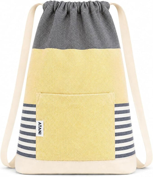 ATANI Turkish Beach Towel (71x39 Inches), Converts to a Bag, Oversized 100% Cotton Bath Towels Lightweight Quick-Dry Beach Blanket for Travel, Picnic, Camping, Yoga and Pool (Black x Yellow)