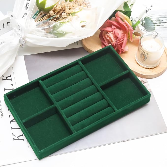Velvet Jewelry Trays for Drawers, Dark Green 2-in-1 | Stackable Jewelry Drawer Organizer, Ring Earring Necklace Bracelet Holder Organizer Display Tray with Removable Dividers