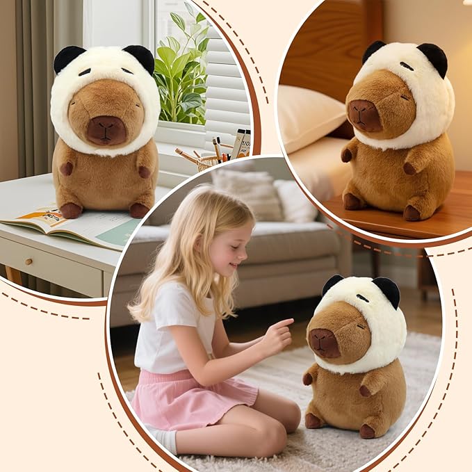 Cute Capybara Plush Wear Panda Hat, Kawaii Soft Capybara Plushie Pillow, 14 inch Capybara Stuffed Animal Hugging Gifts for Kids Adults (Panda Capybara)