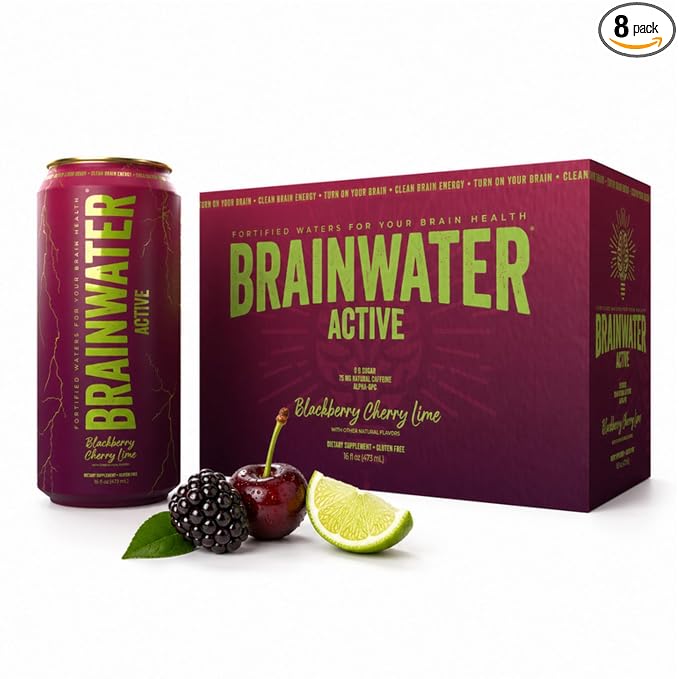 BrainJuice BrainWater Calm, Water for Clean Energy, Focus & Relaxation Support, Gluten Free, Zero Sugar Drinks with Ashwagandha, Alpha GPC, Vitamin C & B, Organic Green Tea, 8 Pack (Blackberry Cherry Lime)