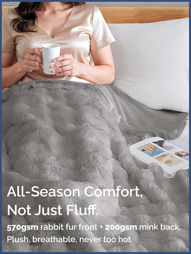3D Fleece Bubble Blanket Queen Size - Rabbit Blanket - 90" x 90", Grey | Soft Fluffy Faux Fur Blanket for Couch Sofa & Chair, Cozy Gifts for Women, Tie Dye Cloud Throw Bed Cover, Thick Plush Bedding