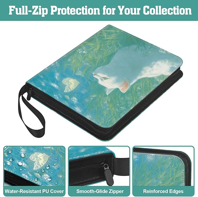 TCG Trading Card Binder, 900 Pockets, 3-Ring Zipper with 50 Double-Sided 9-Pocket Pages, Fits 2.5" x 3.5" Cards, Acid-Free PVC-Free PP Pages, PU Cover, White Cat & Butterfly Design