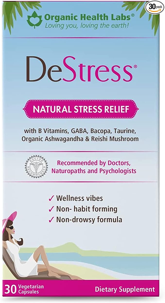DeStress All-Natural: Veggie Capsules, with B Vitamins, Magnesium, Ashwagandha and L-Theanine Supplement, Anxiety Relief, 30 Veggie Capsules, Stress Relief Supplement Organic Health Labs