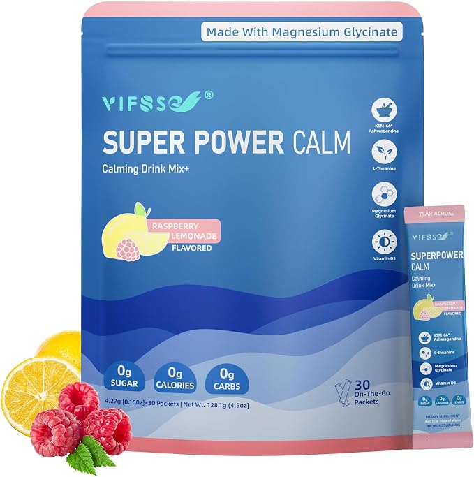 VIFSSG Super Power Calming Powdered Drink Mix, Raspberry Lemonade 30 Packets, L-Theanine, Ksm-66 Ashwagandha, Magnesium Glycinate, Vitamin D3 Supplements, Sugar-Free, Non-GMO for Relax & Focus