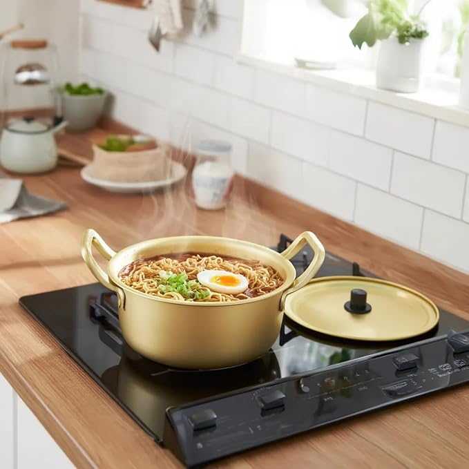 Korean Ramen Noodle Pot, Ramen Noodle Cookware Yellow Aluminum Non Stick Korean Traditional Quick Cooking Bowl for Open Fire and Electric Ceramic Stove(16cm Pot)
