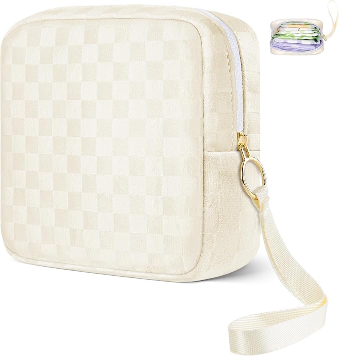 Likesing Tampon Holder for Purse, Upgraded 5.3" Checkered Period Bag, Sanitary Napkin Storage Bag with Wrist Strap for Girls Women, Thickened Portable Period Pad Pouch(Beige)