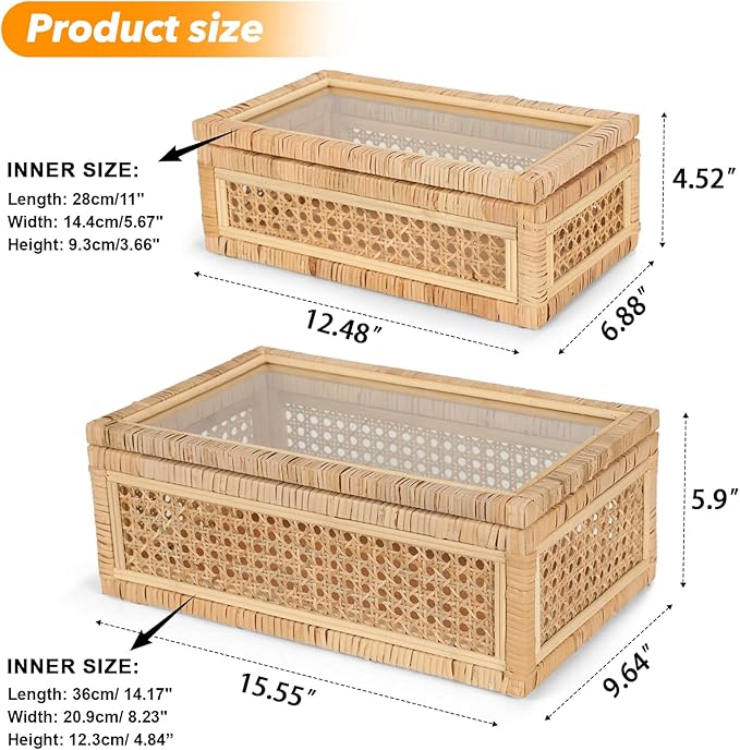 Large Handwoven Boho Rattan Display Boxes with Glass Lids Set of 2 | Rectangular Decorative Storage Bins Natural Woven Cane Home Decor Organizers (15.55" x 9.64" x 5.9" & 12.48" x 6.88" x 4.52")