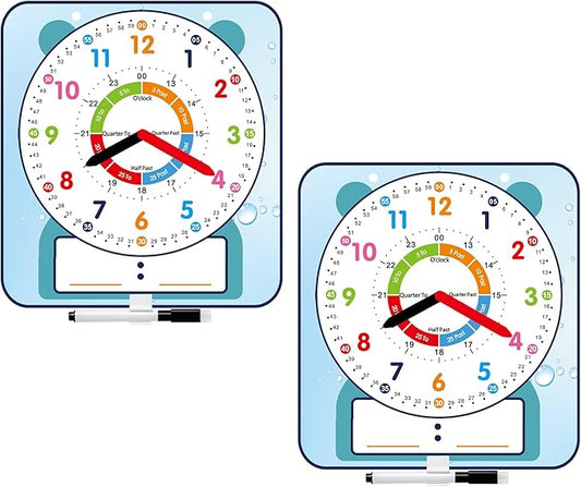 2 Pack Magnetic Writable Dry Erase Teaching Clock with Pen, Large 12" Teaching Demonstration Clock for Kids Learning Time with Cute Style for Home School Classroom Supplies(12" x 11")
