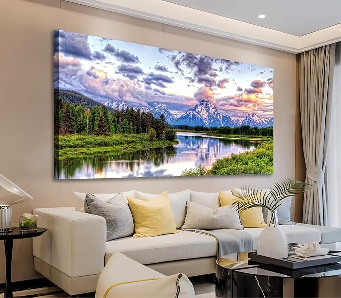 arteWOODS Landscape Canvas Wall Art Nature Picture Oxbow Bend Grand Teton National Park Modern Canvas Artwork River and Forest Contemporary Wall Art Large Size for Home Office Decoration 24" x 48"