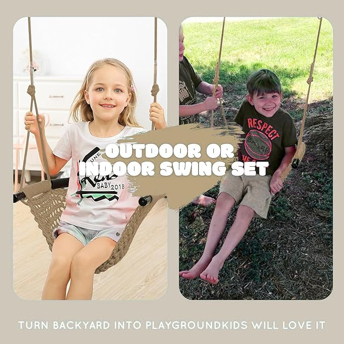 JKsmart Toddler Swing, Swing Seat for Kids Heavy Duty Rope Play Secure Children Swings Set, Perfect for Indoor,Outdoor,Playground,Home,Tree,with Snap Hooks & Straps,440 lbs Capacity, Light Brown