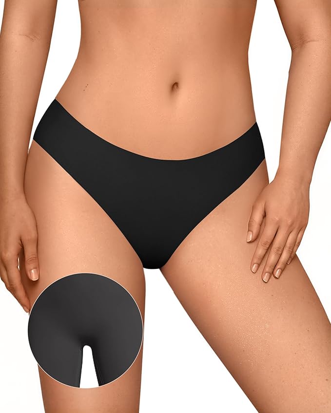 OEAK Seamless Thongs for Women Invisible Thongs No Show Thong Panty Liners Tangas Comfortable Workout G-Strings Underwear Black L