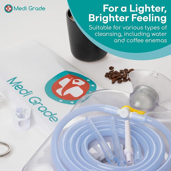 Medi Grade Enema Kit for Adults, 2L Capacity - Transparent, Hands-Free with One-Way Valve, 4 Tips and Enema Bag - Enemas for Colon Cleanse for Women and Men - for Coffee Enema & Colon Cleansing