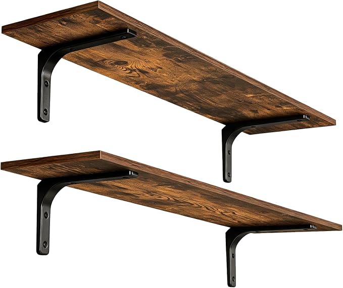 DINZI LVJ Long Wall Shelves, 39.4Inch Wall Mounted Shelves Set of 2, Extra Large Wall Storage Ledges with Sturdy Metal Brackets for Living Room, Bathroom, Bedroom, Kitchen, Rustic Brown