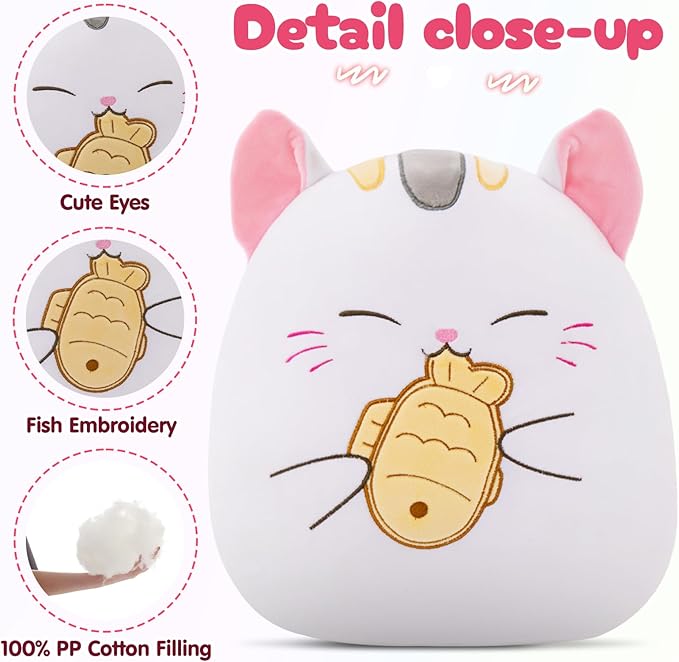 Athionsu 12-Inch Cat Plush Pillow Soft Kawaii Stuffed Animal Hugging Cushion with Taiyaki Fish Cute Kitty Plush Pillow for Toddler Kids, Boys Girls