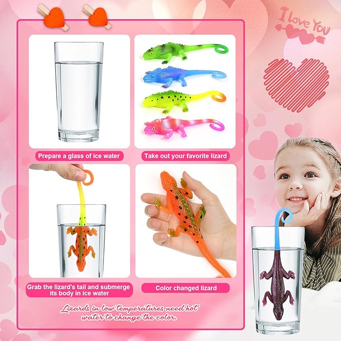 24PCS Valentines Day Cards for Kids School Classroom Exchange, Valentine's Day Gift Cards with Change Color Lizard Toys, Valentines Greeting Cards Bulk for Kids School Classroom Exchange