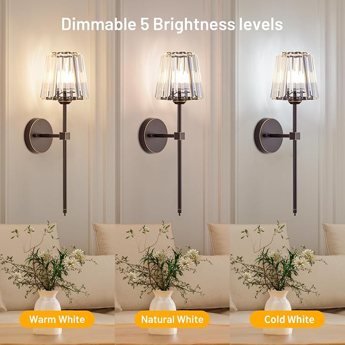 Crystal Battery Operated Wall Sconces Set of 2, Brown and Gold Rechargeable Wireless Wall Lights with Crystal Lampshade, 12 RGB and 3CCT Dimmable Wall Lamps with Remote for Bedroom Living Room Hallway