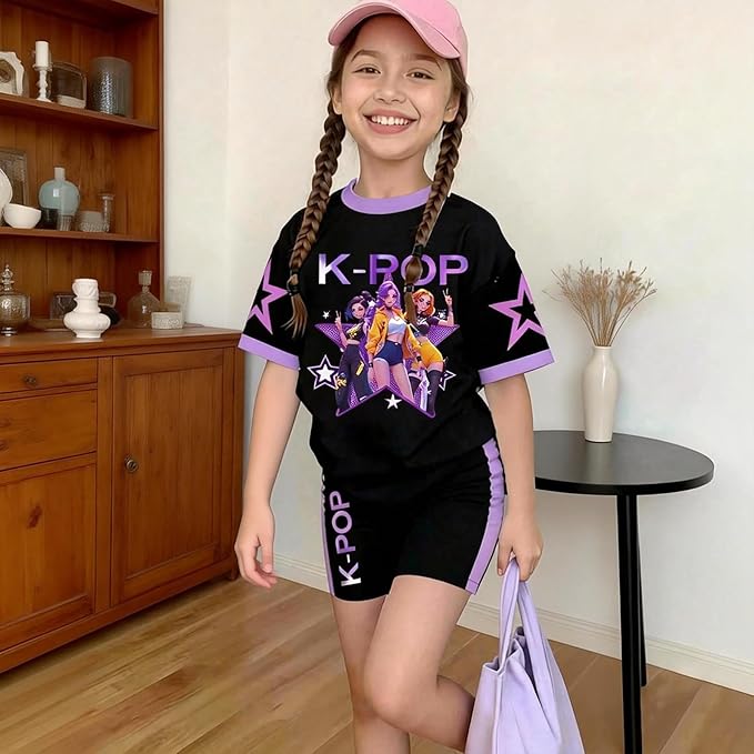 K-POP DEM0N Hunters Outfits for Girls, 2 Piece T-Shirts and Apparel Sets Birthday Gift