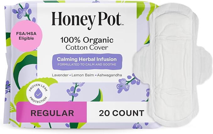 Honey Pot - Calming Herbal Regular Sanitary Pads for Women - 100% Organic Cotton Top Sheet - Feminine Care - Non Cooling - Calming Herbs of Lavender, Ashwagandha, & Lemon Balm - 20ct