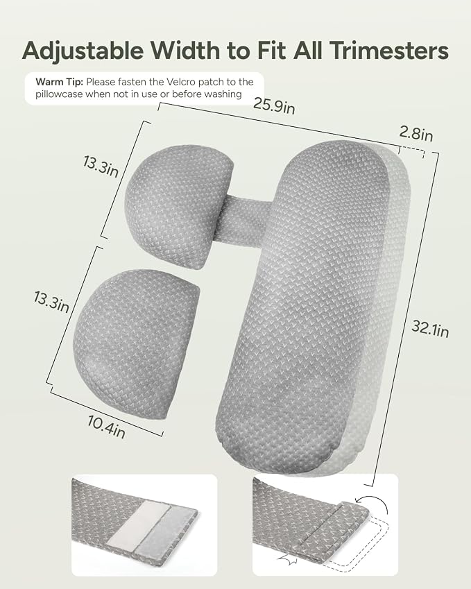 Pregnancy Wedge Pillow for Sleeping, Adjustable Maternity Pillow for Side Sleepers, Supports Back, Belly & Hip, Ideal for Pregnant Women, Rayon Made from Bamboo Removable Cover, Grey (Long)
