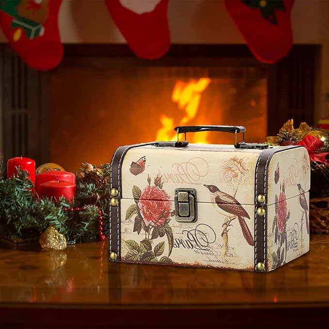 ELLDOO Decorative Treasure Chest Box, Wooden + PU Leather Storage Box for Jewelry Trinkets, Keepsakes box for Girls Women Gifts (Bird + Flower Pattern)