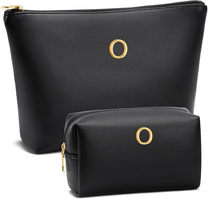 Women Gifts | Initial Makeup Bag for Girl Personalized Gifts for Bridesmaid Friend PU Leather Cosmetic Travel Toiletry Bag(Black,O)