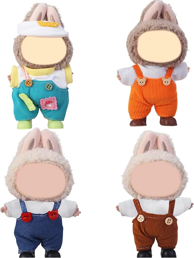 Doll Clothes for Labubu,Cute Outfit for 17cm Doll Clothe 2/3PCS Clothes and Hats Stylish Dolls Clothe for 17 cm Labubu,Casual Style Costumes for Labubu Dolls (Four-Color Overalls Set 4)