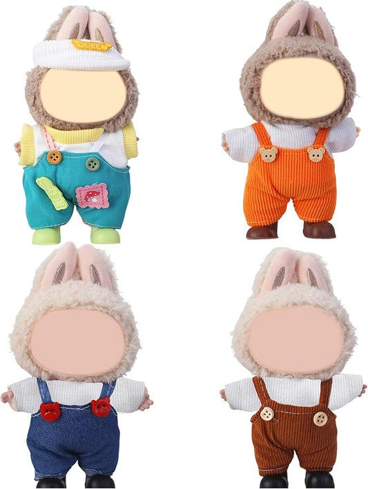 Doll Clothes for Labubu,Cute Outfit for 17cm Doll Clothe 2/3PCS Clothes and Hats Stylish Dolls Clothe for 17 cm Labubu,Casual Style Costumes for Labubu Dolls (Four-Color Overalls Set 4)