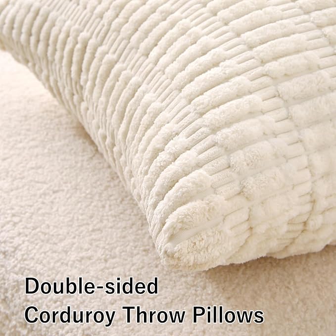 2 Pack Corduroy Decorative Throw Pillow with Inserts, 18x18 Inch Soft Boho Throw Pillow, Square Striped Throw Pillows for Couch, Bed, Sofa Decor(Beige)