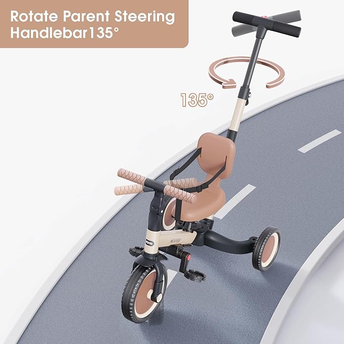 newyoo Toddler Tricycle with Push Handle for 1-3 Year Old, Toddler Bike, Birthday Gift and Toy for Boys and Girls, 5 in 1 Kids Trike, Balance Bike with Backrest and Safety Belt, Khaki, TR007