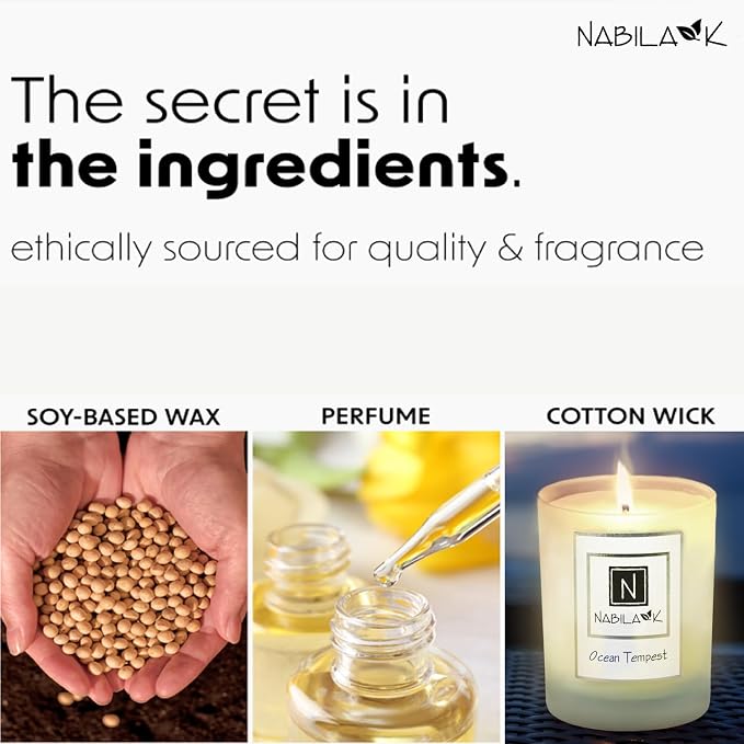 Nabila K – Ocean Tempest - Soy-Based Candle – Rose, Honeysuckle, Sweet Musk, Amber - Hand-Poured - Cotton Wick - Aromatherapy Candle w/Essential Oils - Made in USA - 3 oz