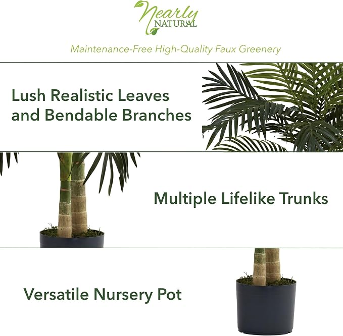 Nearly Natural 4 ft Artificial Golden Cane Palm Tree with Nursery Pot | Double-Stalk, Lush Realistic Foliage, Indoor Faux Palm Plant, Living Room Decor, Perfect Tropical Decoration