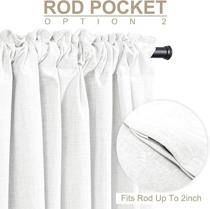 100% Blackout Shield White Linen Blackout Curtains for Bedroom 96 Inches Long, Back Tab/Rod Pocket Living Room Drapes, Thermal Insulated Blackout Curtains 2 Panels Set, 50" W x 96" L,Blanc de Blanc