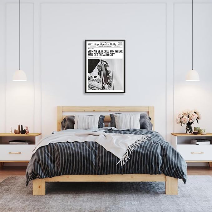 Black and White Newspapers Poster Women Searches For Where Men Get the Audacity Wall Art 12X16 inch Black Framed Trendy Feminist Canvas Prints for Home Bar Wall Decor