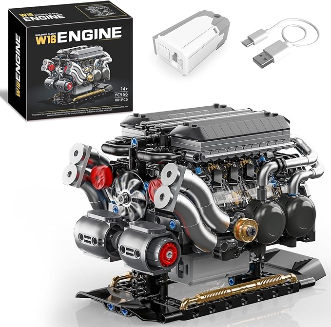 W16 Engine Building Blocks Set for Adults, STEM Mini 16-Cylinder Engine Model Kit that Runs, Compatible with Lego Car, DIY Physical Science Experiment Toy for Teens Boys 8-14+ (801 PCS)
