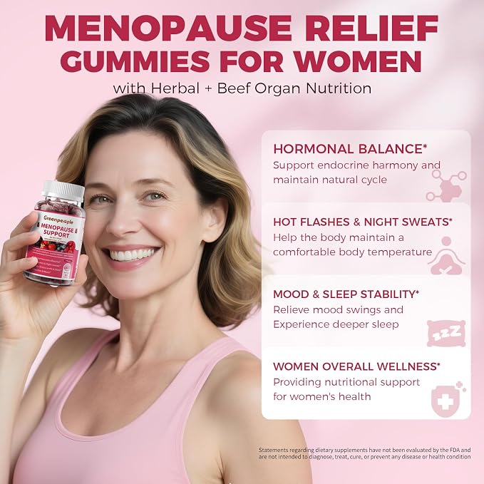 GREENPEOPLE Menopause Supplements for Women Gummies - 16-in-1 Dual Action Relief with Black Cohosh, Vitex, Beef Organs for Hormone Balance, Hot Flashes, Night Sweats & Mood, Sugar-Free, 60 Count