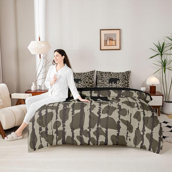 Feelyou Camouflage Camo Bear Comforter Set with Sheets 7 Piece Twin Size Cute Hunting Wild Animal Deer Bedding Set for Kids Boys Girls Rustic Farmhouse Bed in a Bag Decor Soft Lightweight Microfiber