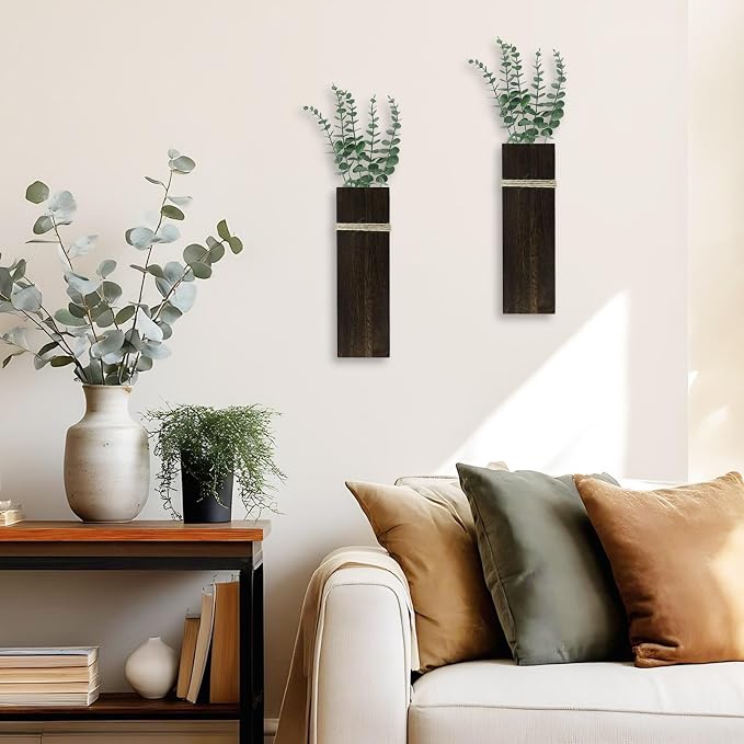 Wall Planters for Indoor Plants Set of 2, Rustic Boho Wood Wall Vases for Dried Flowers & Artificial Plants, Modern Farmhouse Home Decor for Living Room Bedroom Kitchen Dining Room - Dark Brown