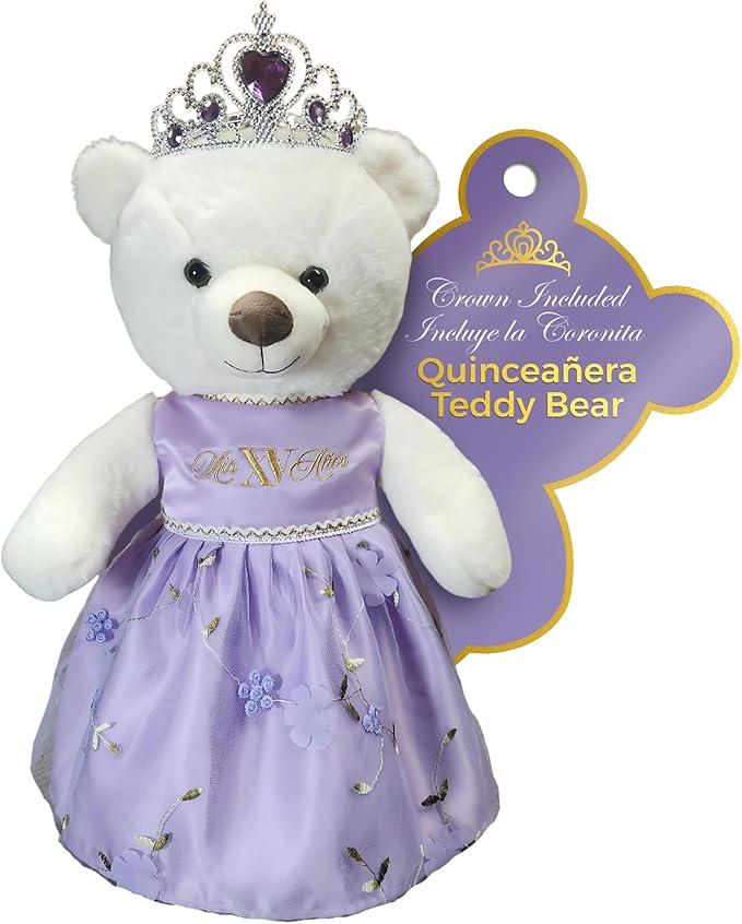 Quinceañera Teddy Bear 18-inches with Dress for 15th Birthday, Quince Bear with Matching Crown, Ideal Keepsake for 15th Birthday, Mis XV Años - Purple