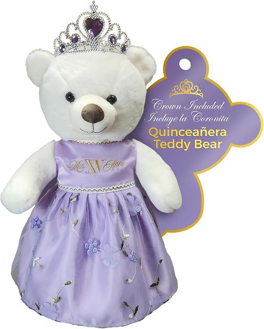 Quinceañera Teddy Bear 18-inches with Dress for 15th Birthday, Quince Bear with Matching Crown, Ideal Keepsake for 15th Birthday, Mis XV Años - Purple
