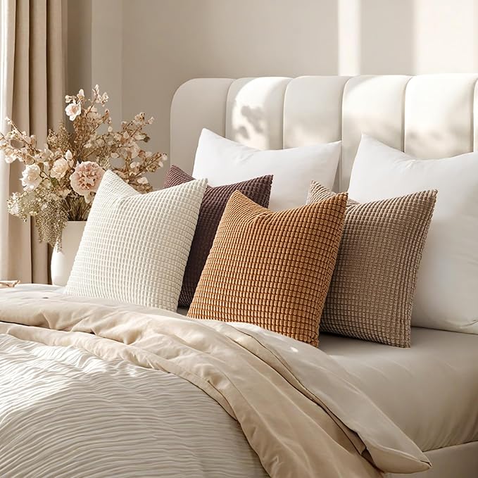 MIULEE Fall Decorative Throw Pillow Covers 18x18 Inch Set of 4 Brown | Modern Natural Rustic Throw Pillows, Warm Neutral Soft Corduroy Pillowcases, Home Decor for Sofa Living Room Bed