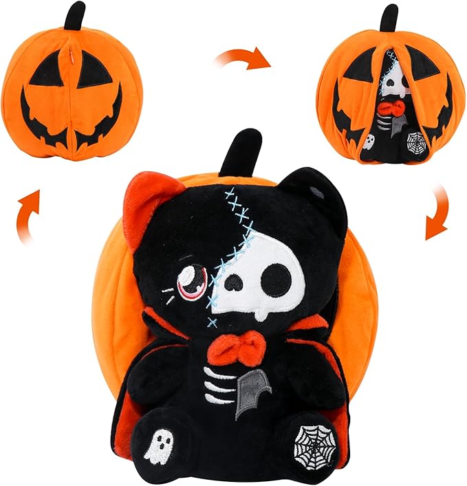Halloween Reversible Pumpkin Plush Zipper, Skeleton Black Cat Transformed Cat, Stuffed Animal Halloween Boys Girls Kids Birthday Gift