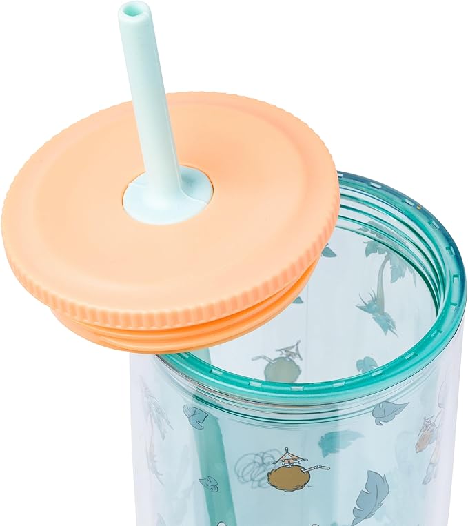 Silver Buffalo Disney Lilo and Stitch Featuring Stitch in Hawaiian Shirt, Lei, and Coconut Drink and Tropical Vibes Pattern Spill Resistant Plastic Tumbler and Straw, 20 Ounces