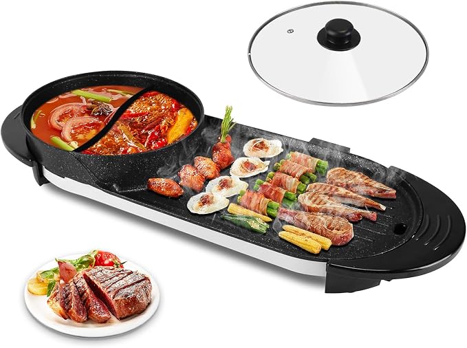 Hot Pot Electric with Grill, 2 in 1 Smokeless Non-Stick Shabu Shabu Pot | Korean BBQ Grill, Independent Dual Temperature Control, 2200W Fast Heating, for Family Gatherings or Friends' Parties
