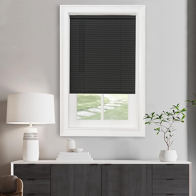 Cordless Light Filtering Mini Blind - 35 Inch Width, 72 Inch Length, 1" Slat Size - Black - Cordless GII Morningstar Horizontal Windows Blinds for Interior by Achim Home Decor