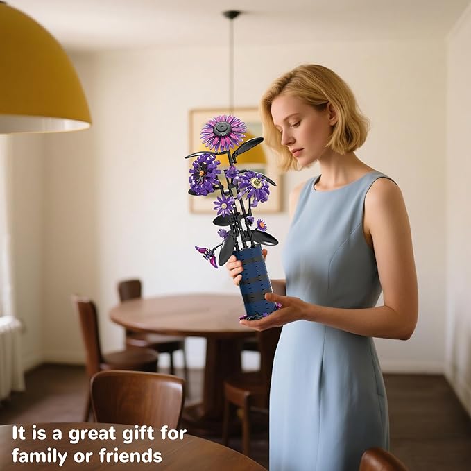 Sunflower Building Set Flowers Bouquet Purple Botanicals Collection Compatible with Lego Flowers for Adults Women Girls 14+ Home Office Decor