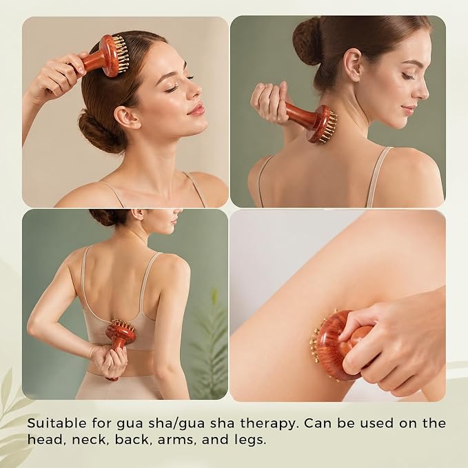Meridian Massage Brush with 29 Copper Ball & Ergonomics Handle, Meridian Point Massager Comb with Storage Bag Chinese Spa Gua Sha Tool for Head Neck Back Arms Legs